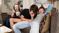 Twinks fuck on the couch despite their sister  being there