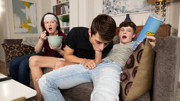 Twinks fuck on the couch despite their sister  being there