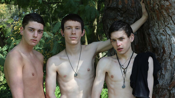 Skinny boys please each other in outdoor anal threesome