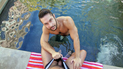 Hairy male walks out of the pool for a dose of endless cock