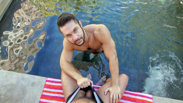 Hairy male walks out of the pool for a dose of endless cock