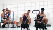 Sporty males share the gym for naughty anal workout