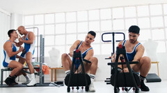 Sporty males share the gym for naughty anal workout