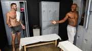 Muscular locker room interracial between Osiris Blade and Chandler Scott
