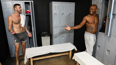 Muscular locker room interracial between Osiris Blade and Chandler Scott