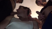 Guys watch TV and gang-fuck a slutty bottom