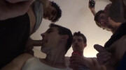 Guys watch TV and gang-fuck a slutty bottom