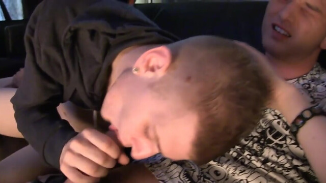 Skinny twinks enjoy a hot threesome in a home cinema