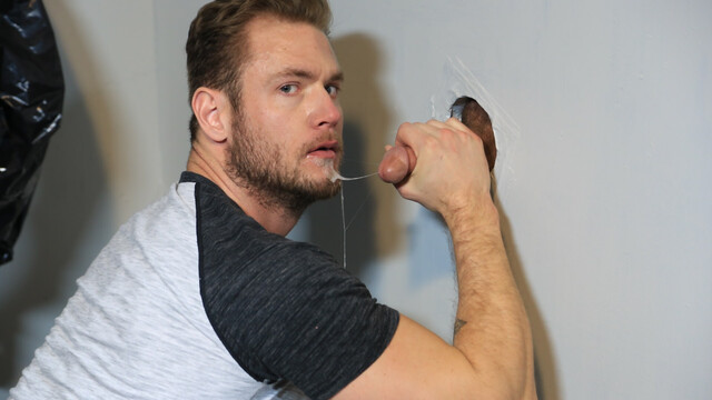 DILF throats cock through the glory hole and fucks in the ass like a slut