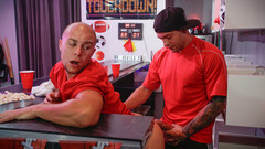 Bald bloke gets his ass enlarged in a series of rough hardcore sex at the bar