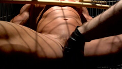 Caged male gets clamped by the cock in rough BDSM kinks