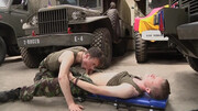 Army twinks fuck at the garage and share everything in sexy angles