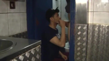 Sexy lover gets ass fucked by a random guy in a public toilet