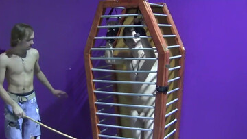 Caged boy wants his master to set him free and fuck him