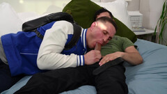 Tattooed stud with a muscular body sucking before riding