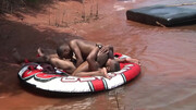 Wet action next to a boat for some horny black dudes