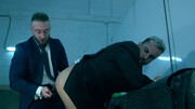 Bleached blond lad removes the blindfold and serves