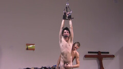 Pale dude with a skinny body is tied up and toyed with