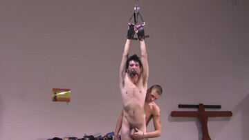 Pale dude with a skinny body is tied up and toyed with