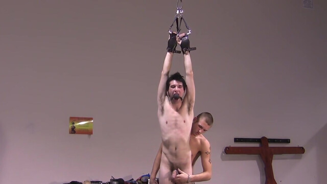 Pale dude with a skinny body is tied up and toyed with