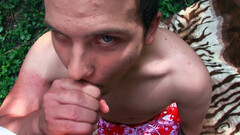 Lad with hairy thighs is working hard for the cumshot