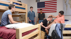 Army boy enjoys first day in the new unit by throating a lot of dicks