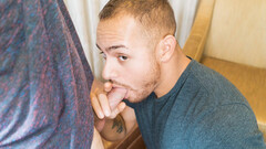 Amateur bloke throats cock clothed in exchange for cash