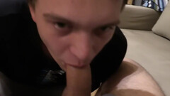 Clothed boy keeps sucking the cock until sperm begins to drop on his lips