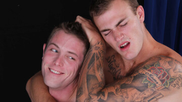 Hot males present their asses on set in a flaming gay duo