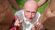 Old man gets fucked by two cocky boyz outdoors