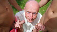 Old man gets fucked by two cocky boyz outdoors