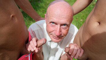 Old man gets fucked by two cocky boyz outdoors