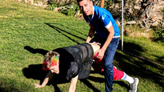 Woke boys fuck on the football pitch while they share exclusive views