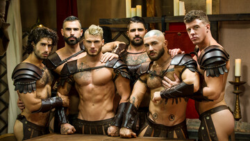 Gladiators provide nude bareback anal in group scenes