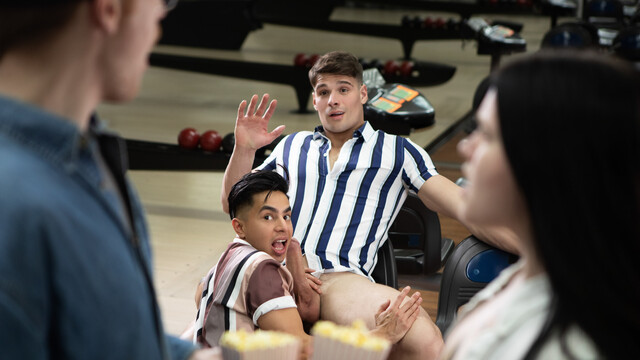 Bowling alley bang with a horny bottom being slutty