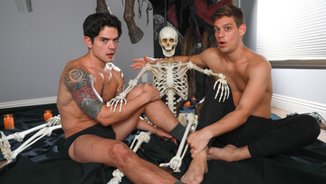 Horny guys enjoy Halloween foreplay at first