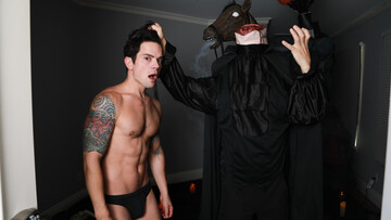 Horny guys enjoy Halloween foreplay at first