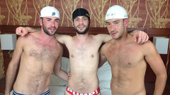 Three fuckers in cool outfits readying for sex