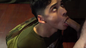 Sergeant's sexy cock slides in his needy fucking mouth
