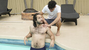 Hairy man and his young stepbrother share the pool side for sex