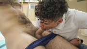 Hairy man and his young stepbrother share the pool side for sex