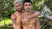 Muscular boys pose hot and intimate in flaming backyard porn