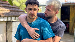 Muscular boys pose hot and intimate in flaming backyard porn